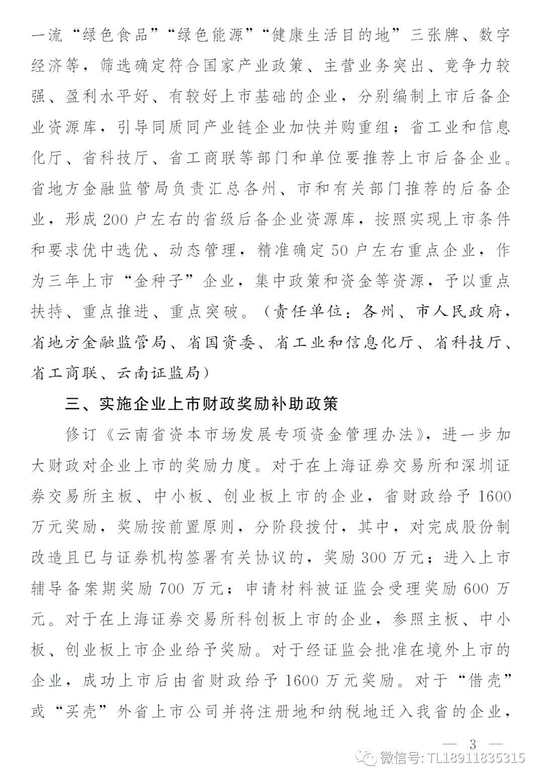 科创板上市成功最高奖1600万元，云南省发布推进企业上市倍增三年行动方案 后年上市企业要超70家